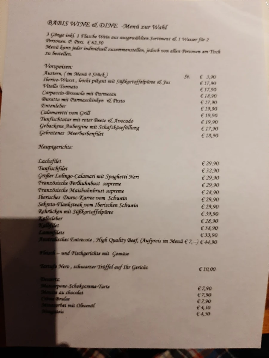 Speisekarte, BABIS WINE & DINE