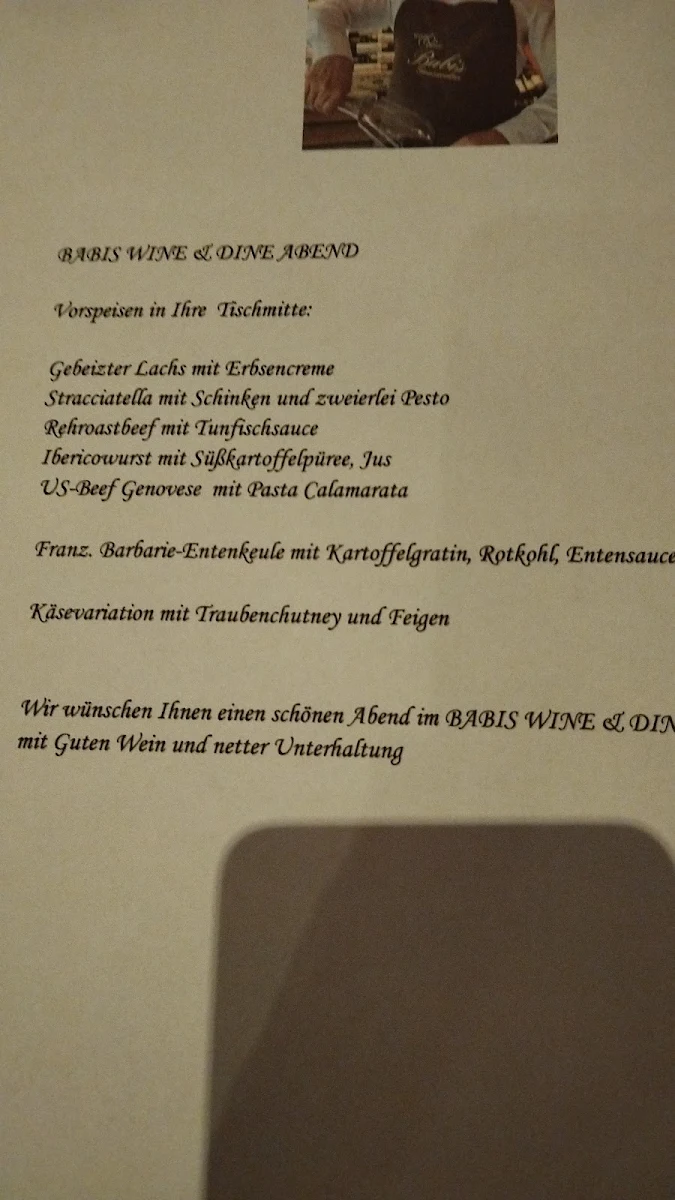 Speisekarte, BABIS WINE & DINE