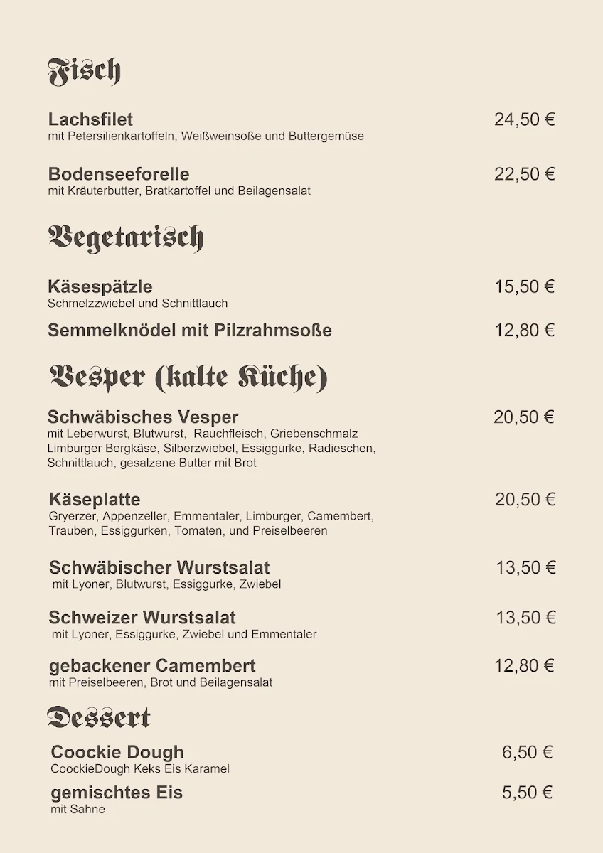 Speisekarte, Wirtshaus zom Schiller