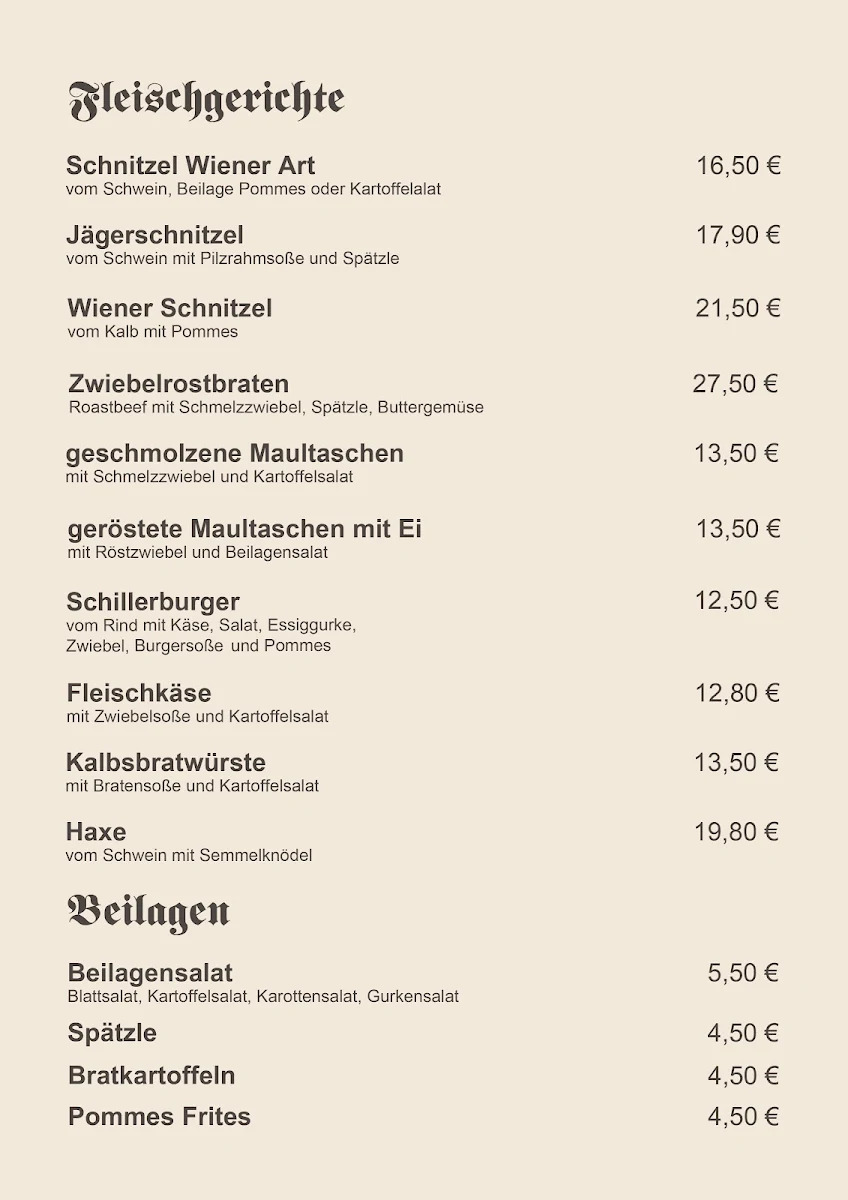 Speisekarte, Wirtshaus zom Schiller