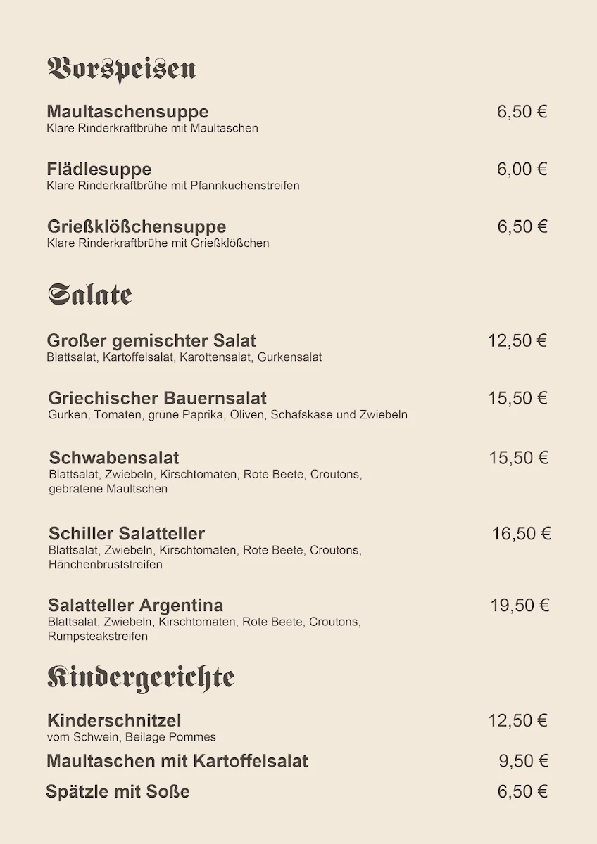 Speisekarte, Wirtshaus zom Schiller