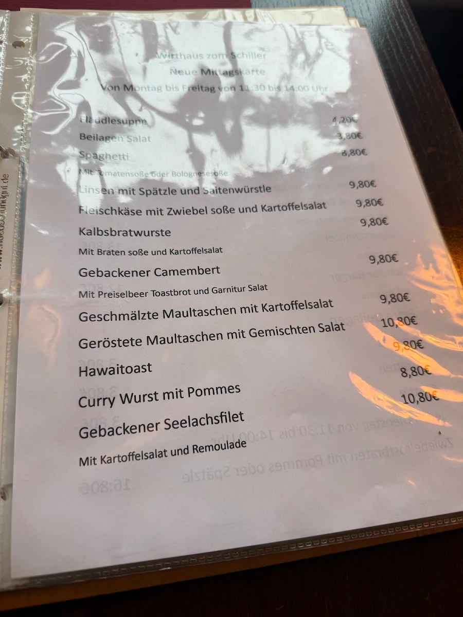 Speisekarte, Wirtshaus zom Schiller
