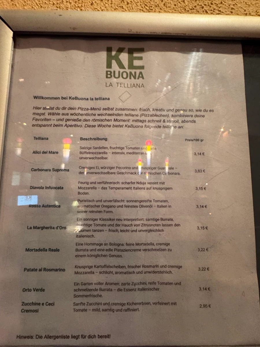 Speisekarte, KeBuona la telliana, pizza romana & aperitivo, pizzeria, restaurant
