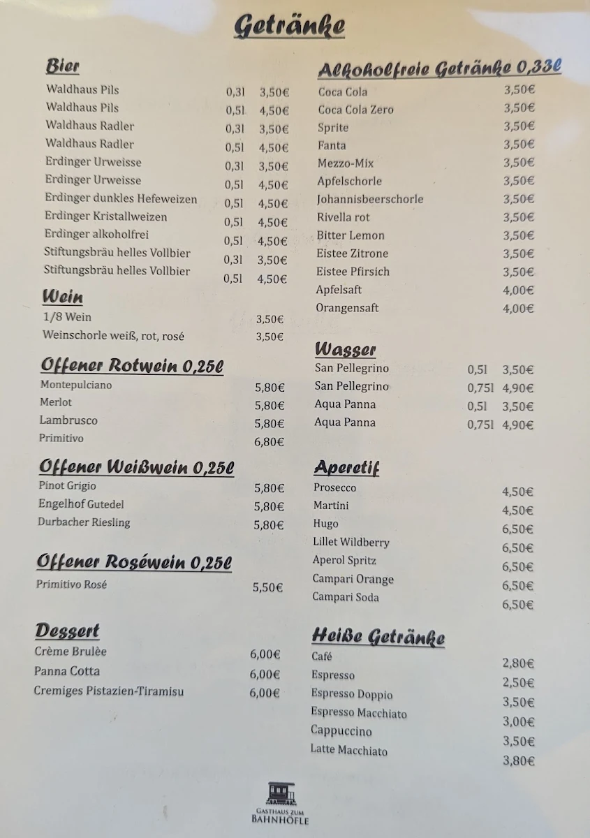 Speisekarte, Gasthaus zum Bahnhöfle