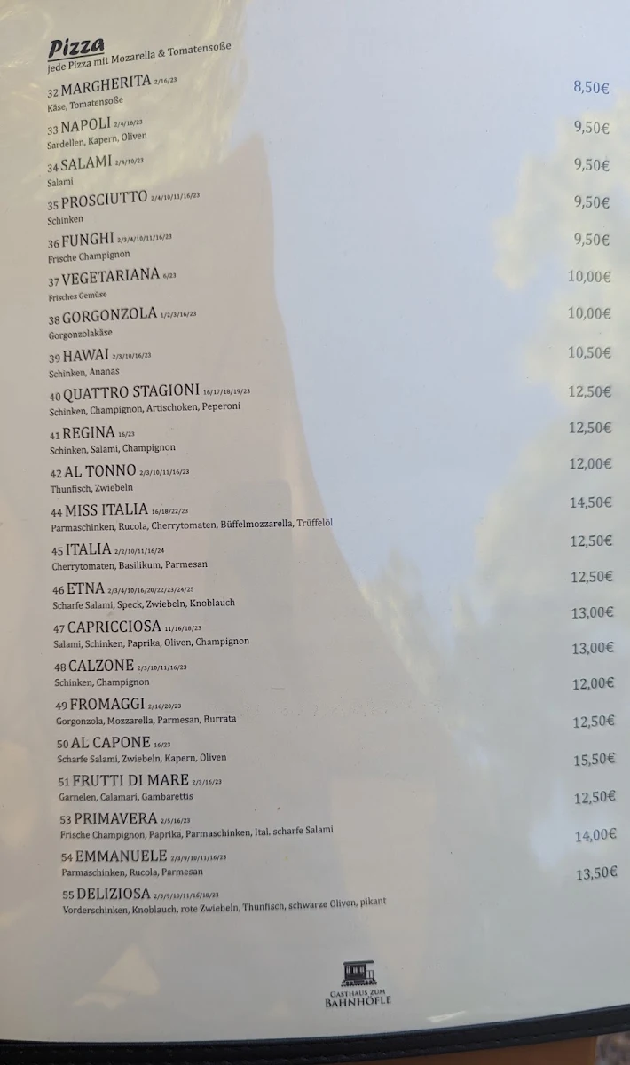 Speisekarte, Gasthaus zum Bahnhöfle