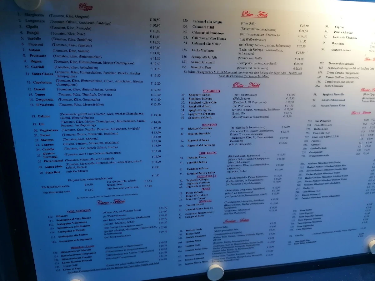 Speisekarte, Restaurant Pizzeria Antica Mola