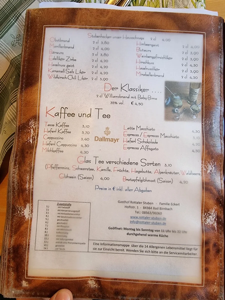 Speisekarte, Gasthof Rottaler Stuben