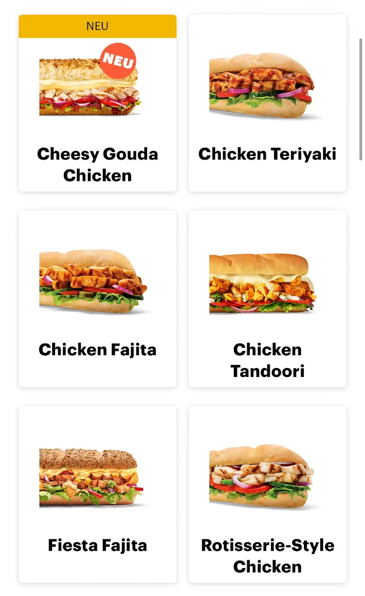 Speisekarte, Subway