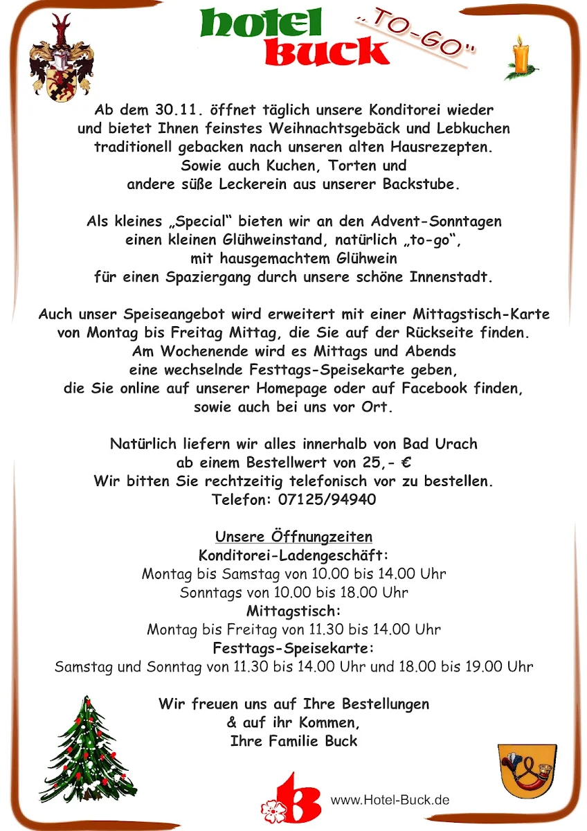 Speisekarte, Hotel Buck GbR