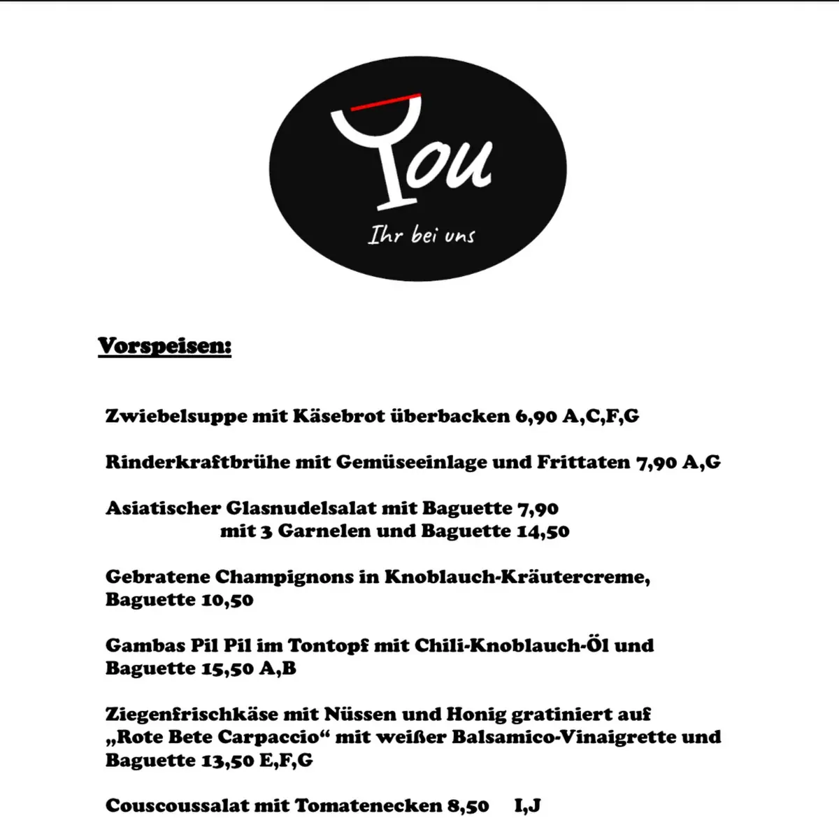 Speisekarte, Restaurant You