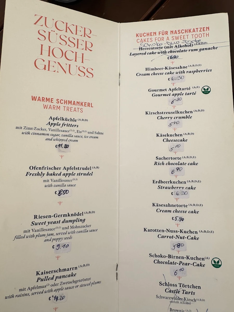 Speisekarte, Schloss-Café Herrenchiemsee