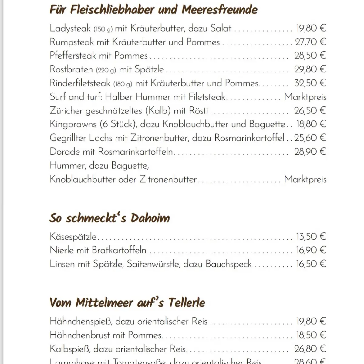 Speisekarte, Restaurant Südlicht im Paladion