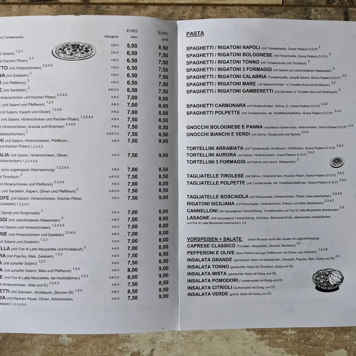 Speisekarte, Pizzeria Bella Italia