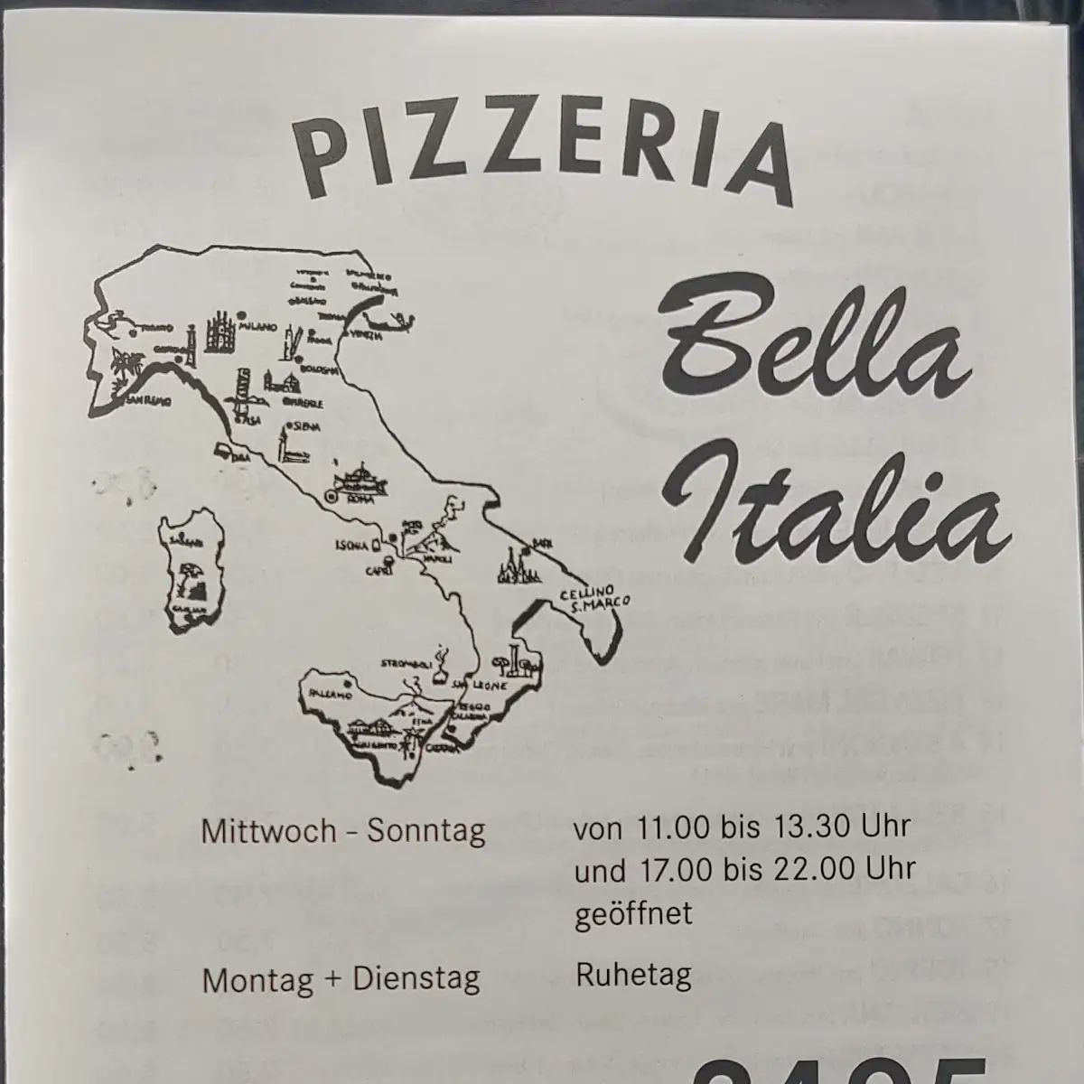 Speisekarte, Pizzeria Bella Italia