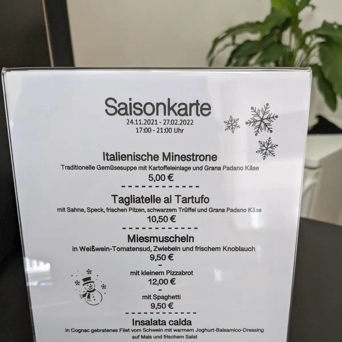 Speisekarte, Pizzeria Bella Italia