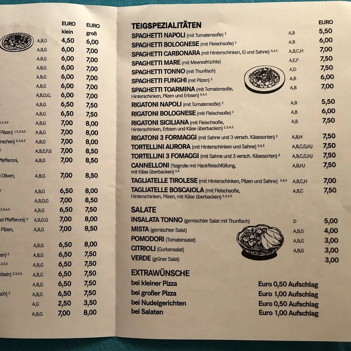 Speisekarte, Pizzeria Bella Italia