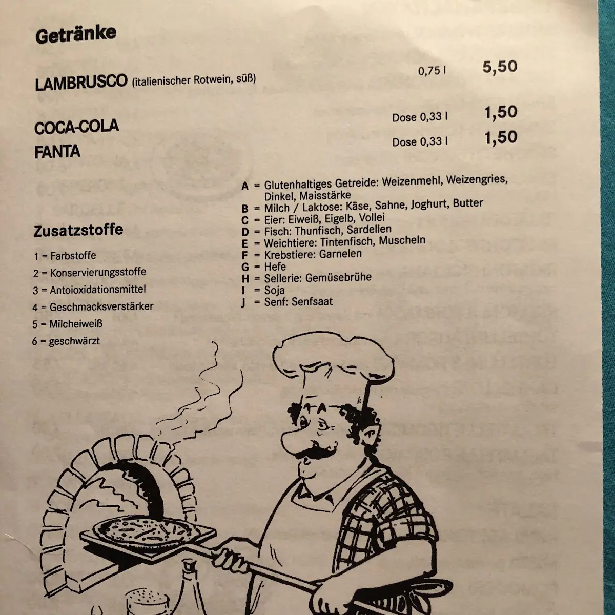 Speisekarte, Pizzeria Bella Italia