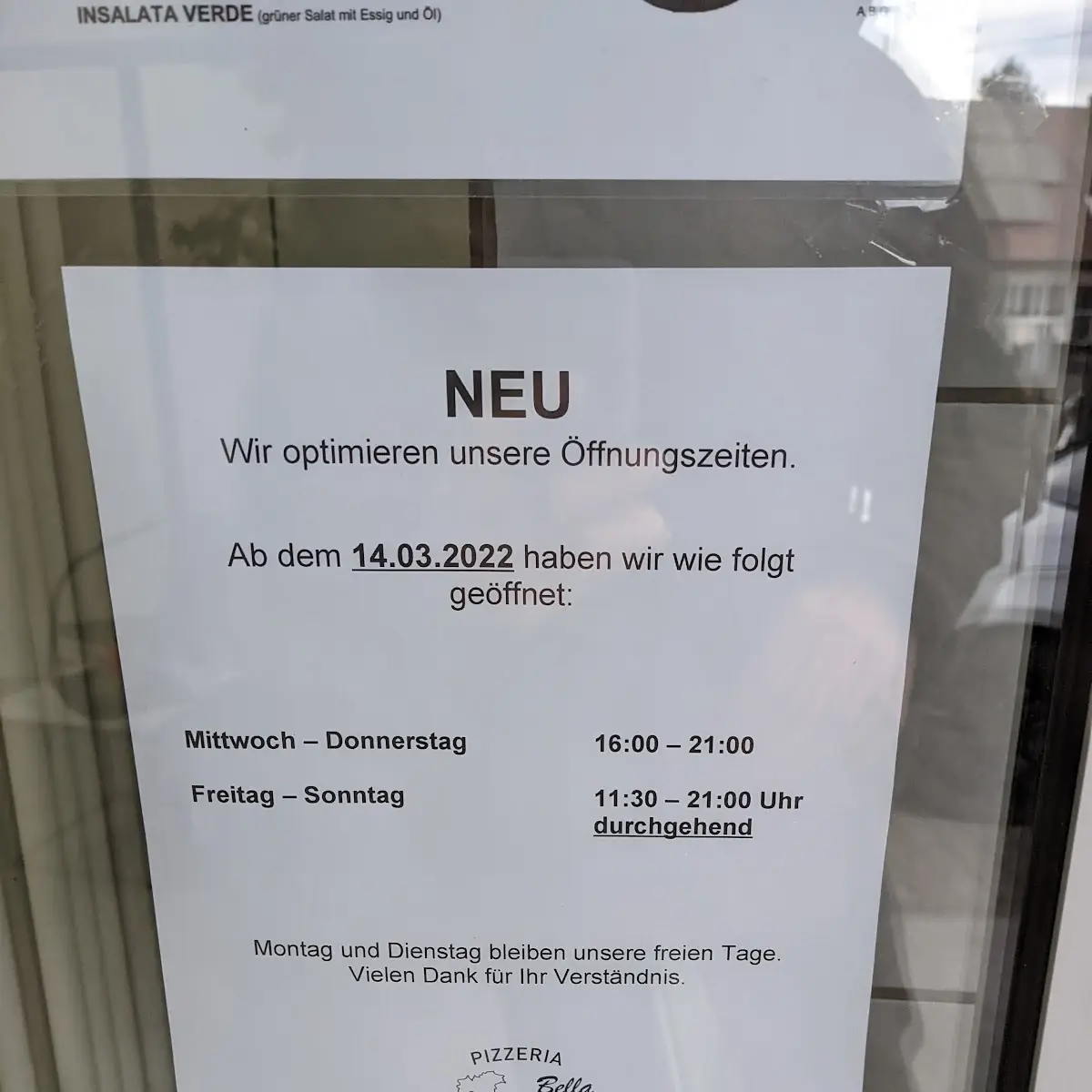 Speisekarte, Pizzeria Bella Italia
