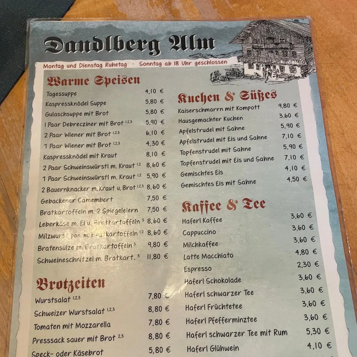 Speisekarte, Gasthof Dandlberg Alm