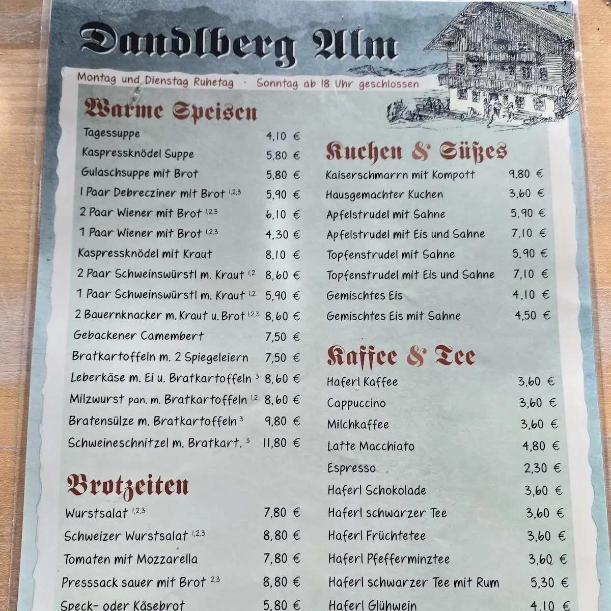 Speisekarte, Gasthof Dandlberg Alm
