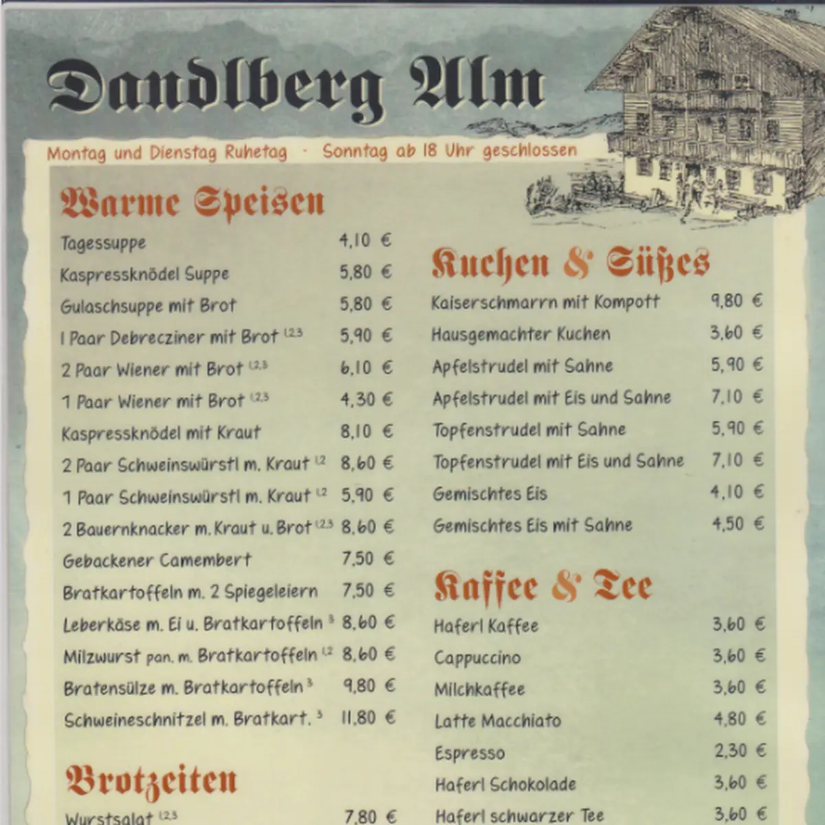Speisekarte, Gasthof Dandlberg Alm