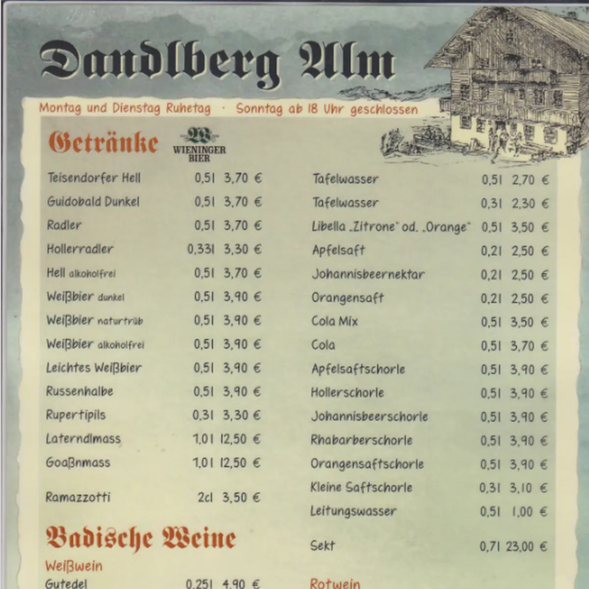 Speisekarte, Gasthof Dandlberg Alm