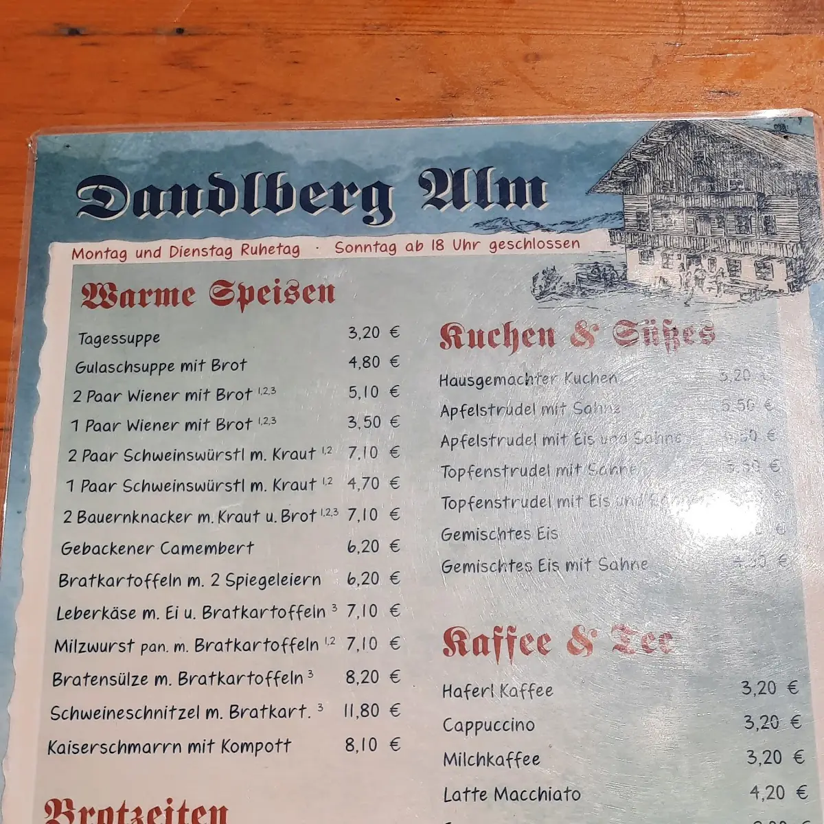 Speisekarte, Gasthof Dandlberg Alm