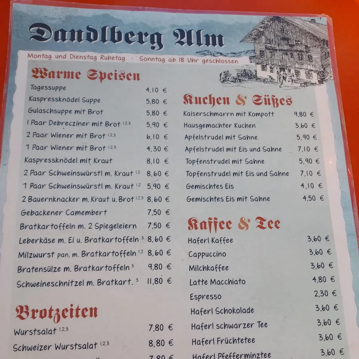 Speisekarte, Gasthof Dandlberg Alm