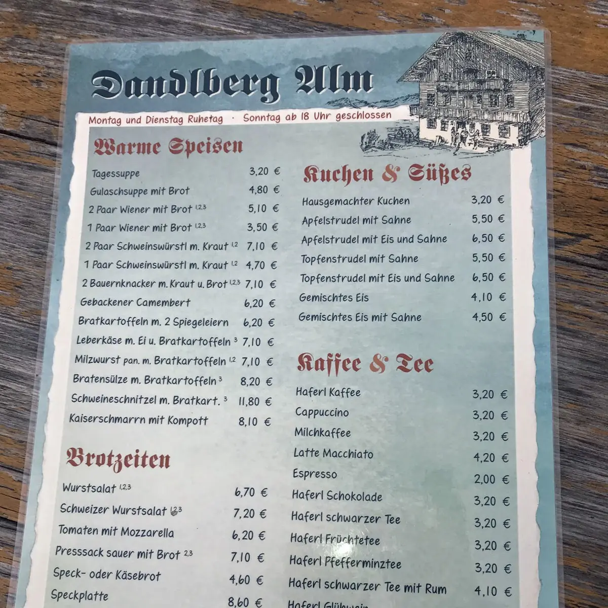 Speisekarte, Gasthof Dandlberg Alm