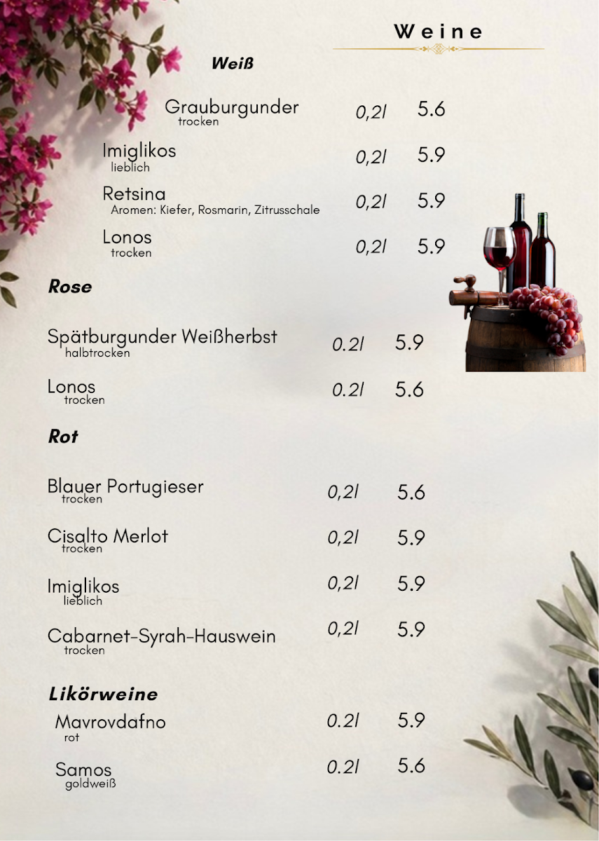 Speisekarte, Mykonos Restaurant
