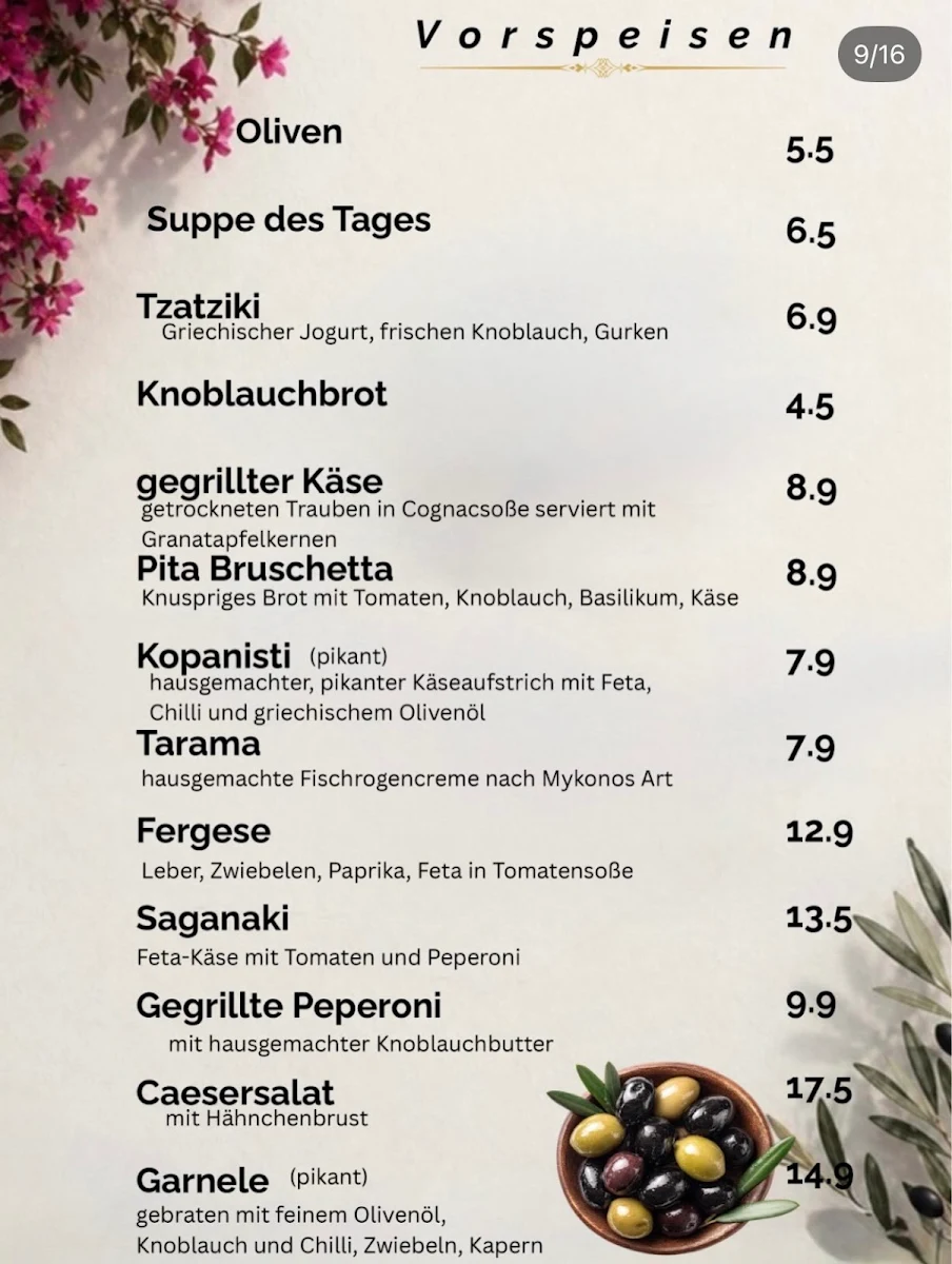 Speisekarte, Mykonos Restaurant