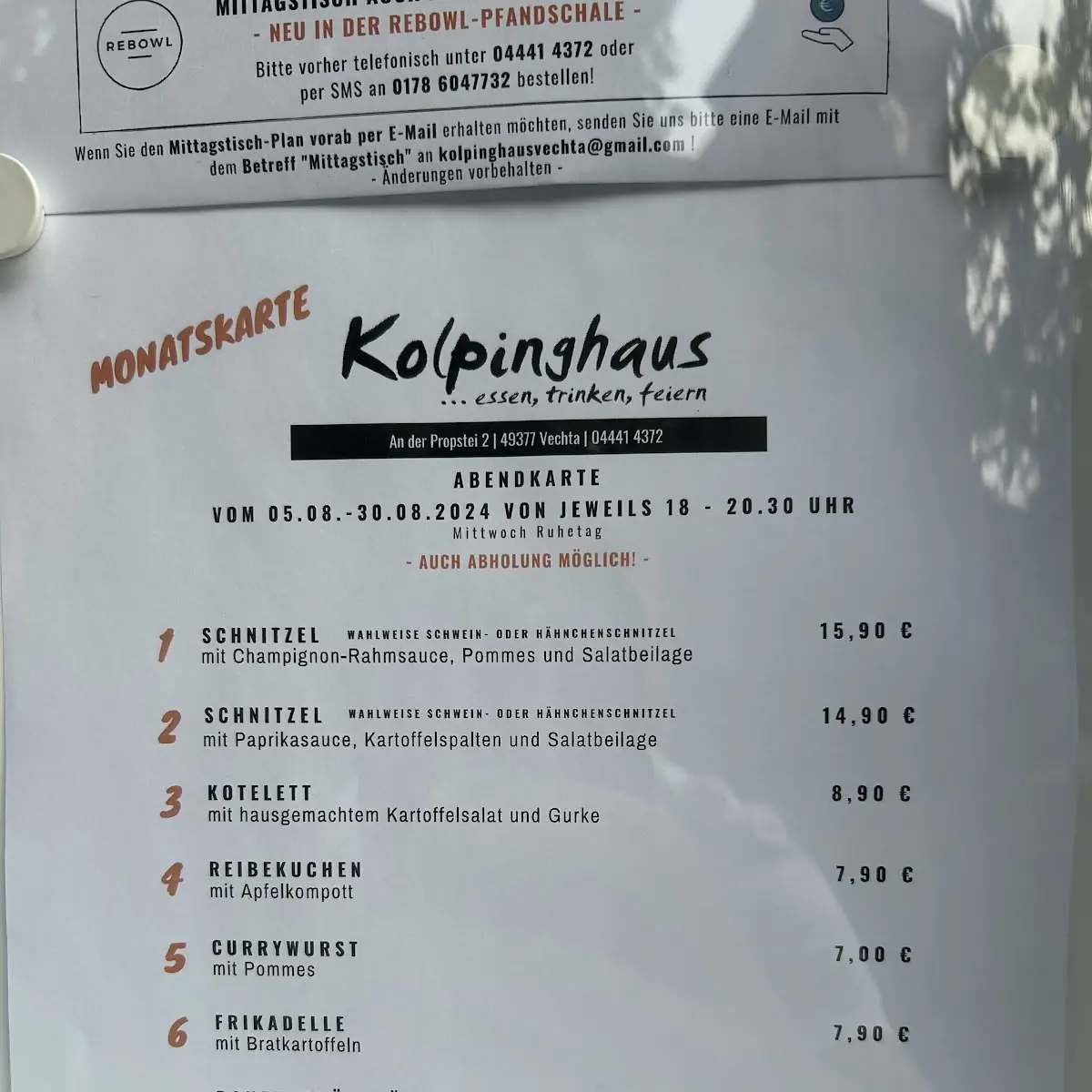 Speisekarte, Kolpinghaus