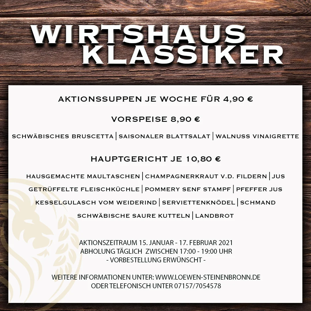 Speisekarte, Wirtshaus Zum Löwen Steinenbronn