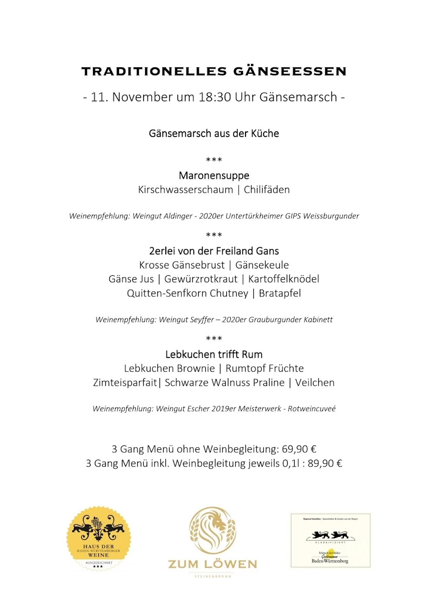 Speisekarte, Wirtshaus Zum Löwen Steinenbronn