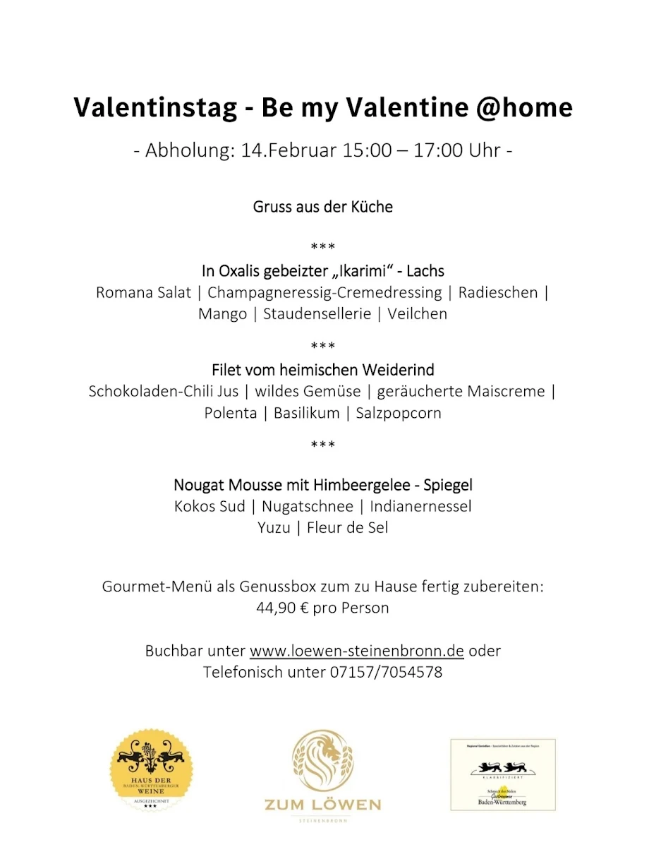 Speisekarte, Wirtshaus Zum Löwen Steinenbronn