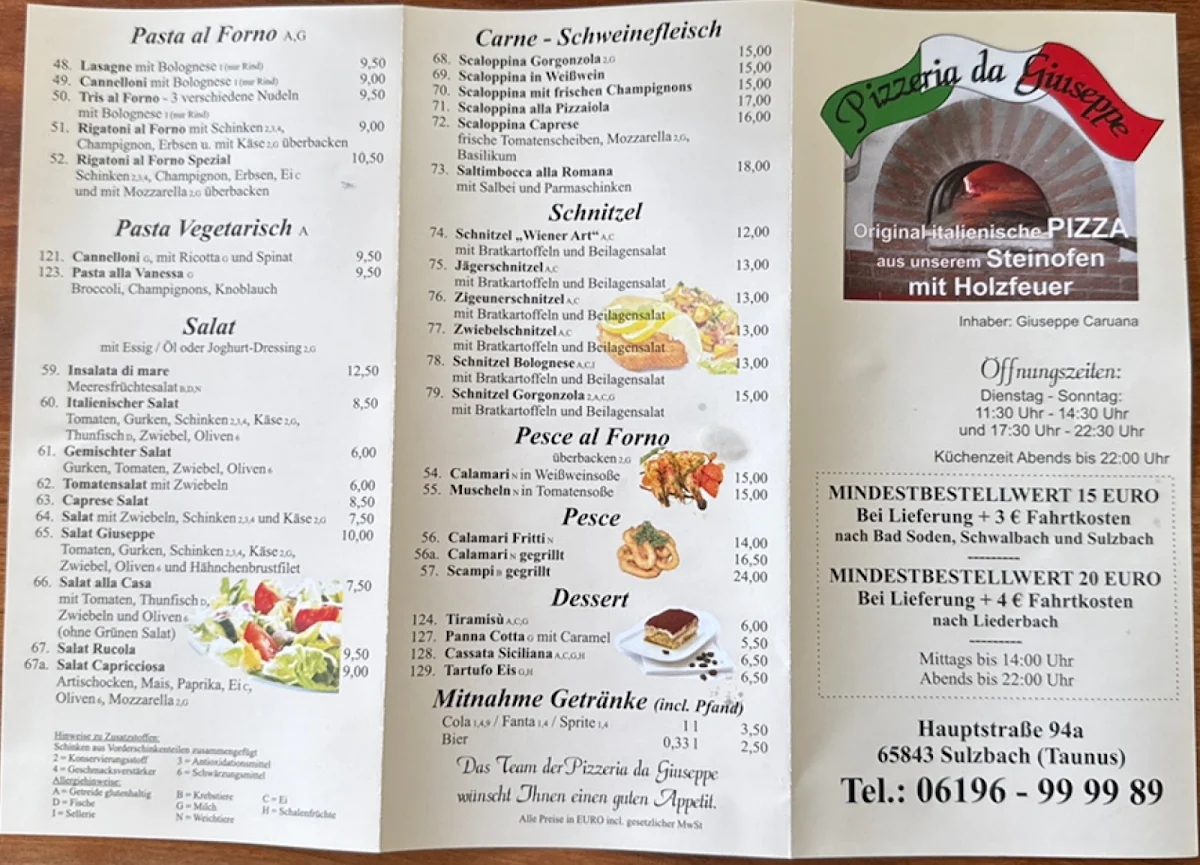Speisekarte, Pizzeria da Giuseppe