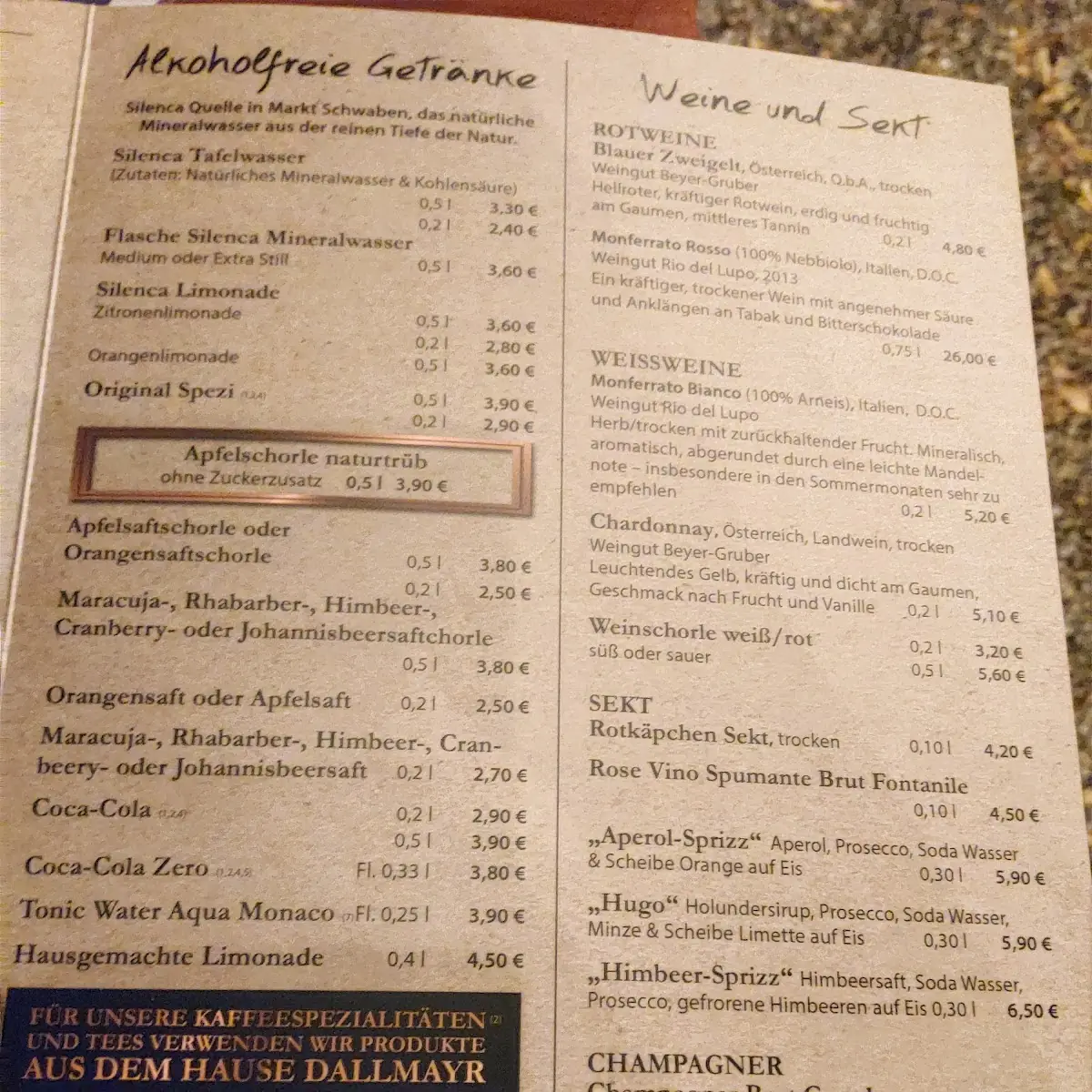 Speisekarte, Schweiger Brauhaus