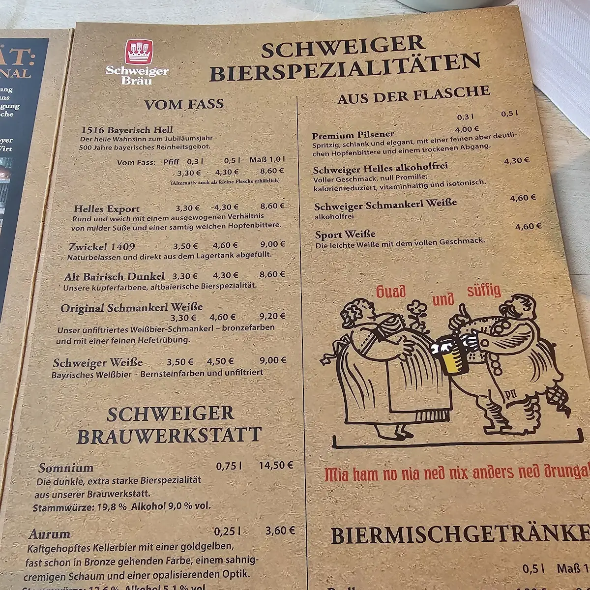 Speisekarte, Schweiger Brauhaus