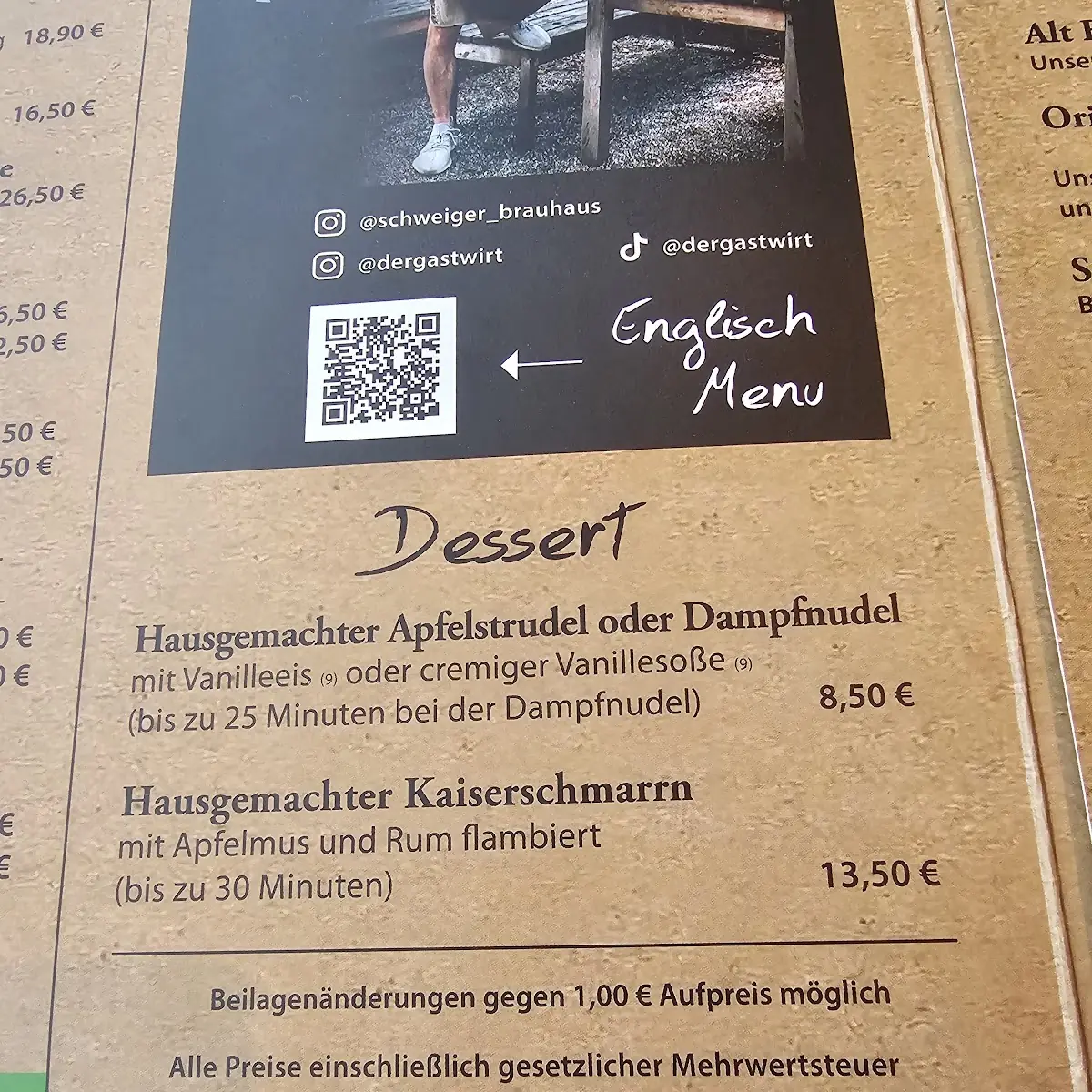 Speisekarte, Schweiger Brauhaus