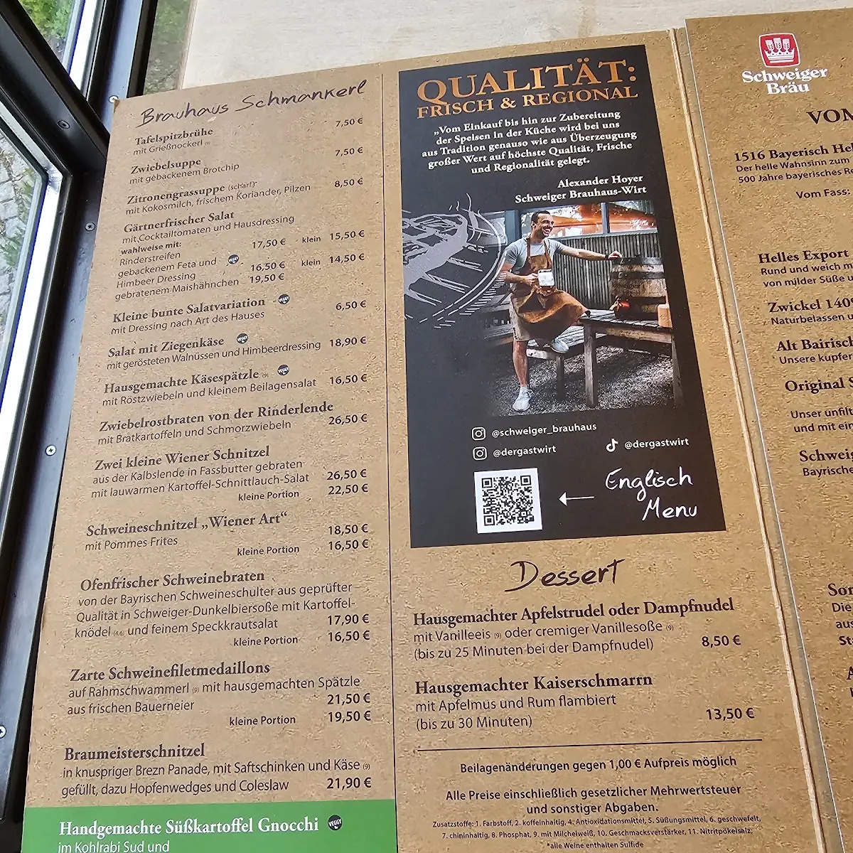Speisekarte, Schweiger Brauhaus