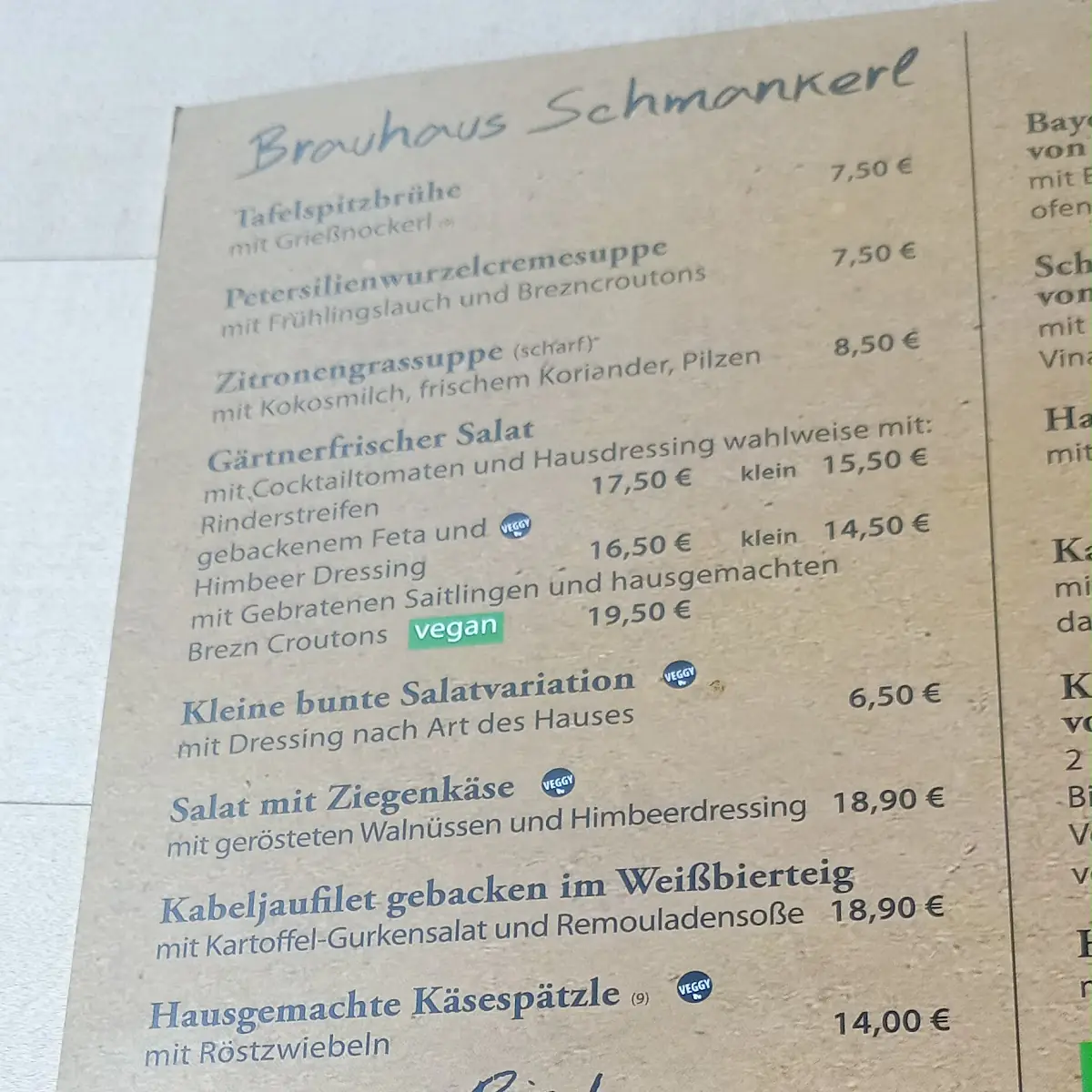 Speisekarte, Schweiger Brauhaus