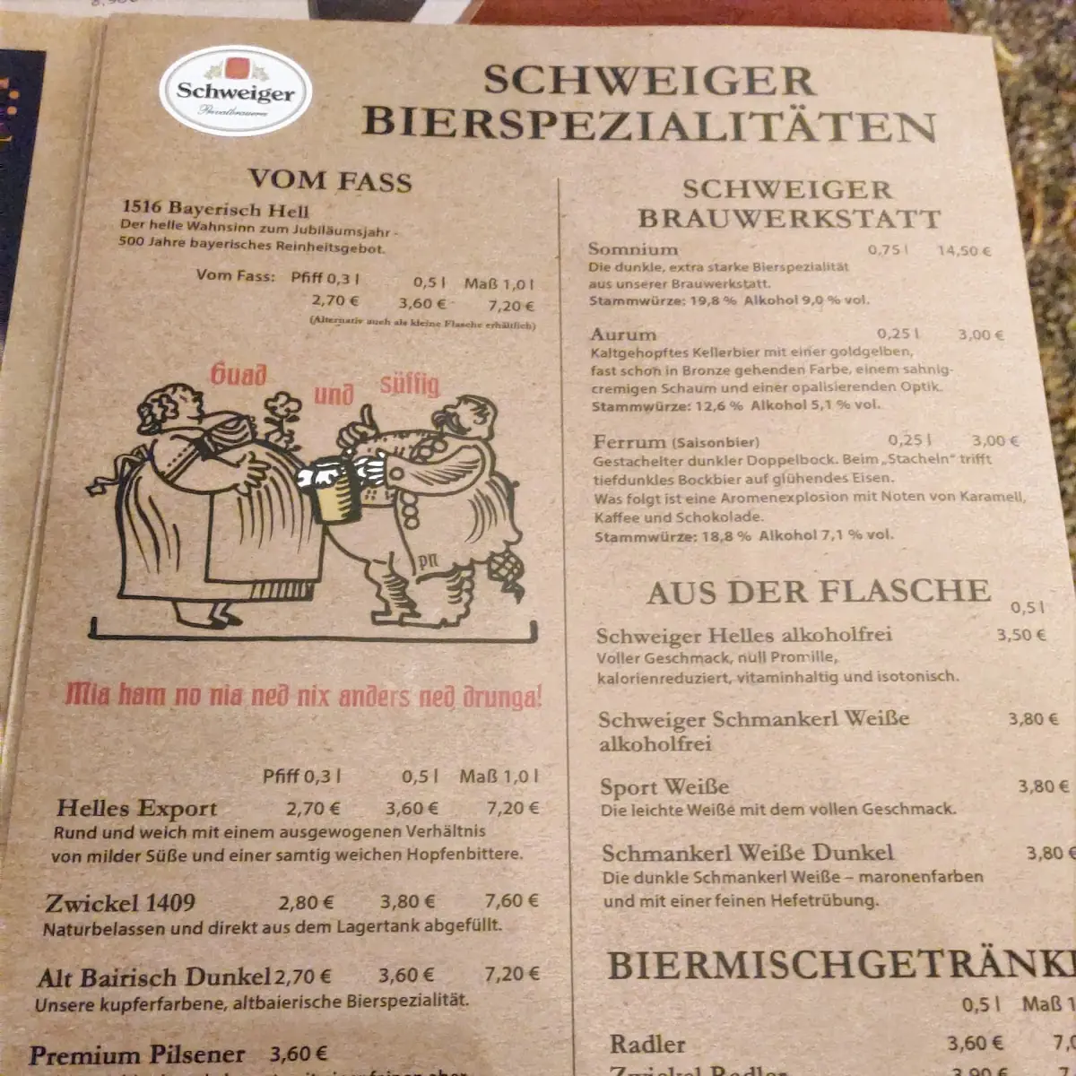 Speisekarte, Schweiger Brauhaus