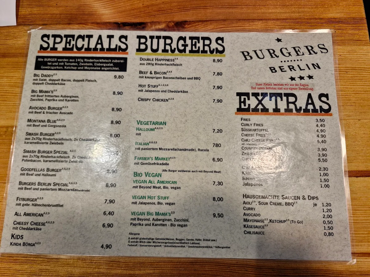 Speisekarte, Burgers Berlin