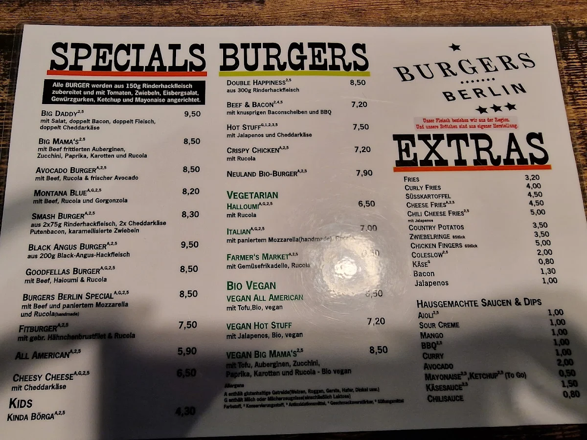 Speisekarte, Burgers Berlin