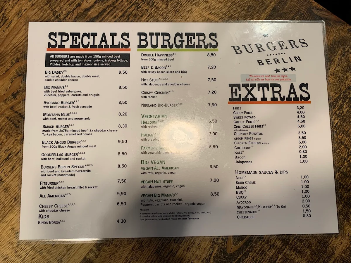Speisekarte, Burgers Berlin