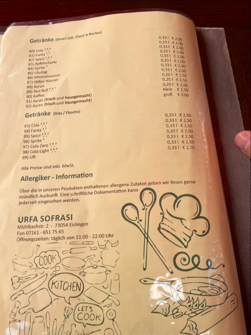 Speisekarte, URFA SOFRASI