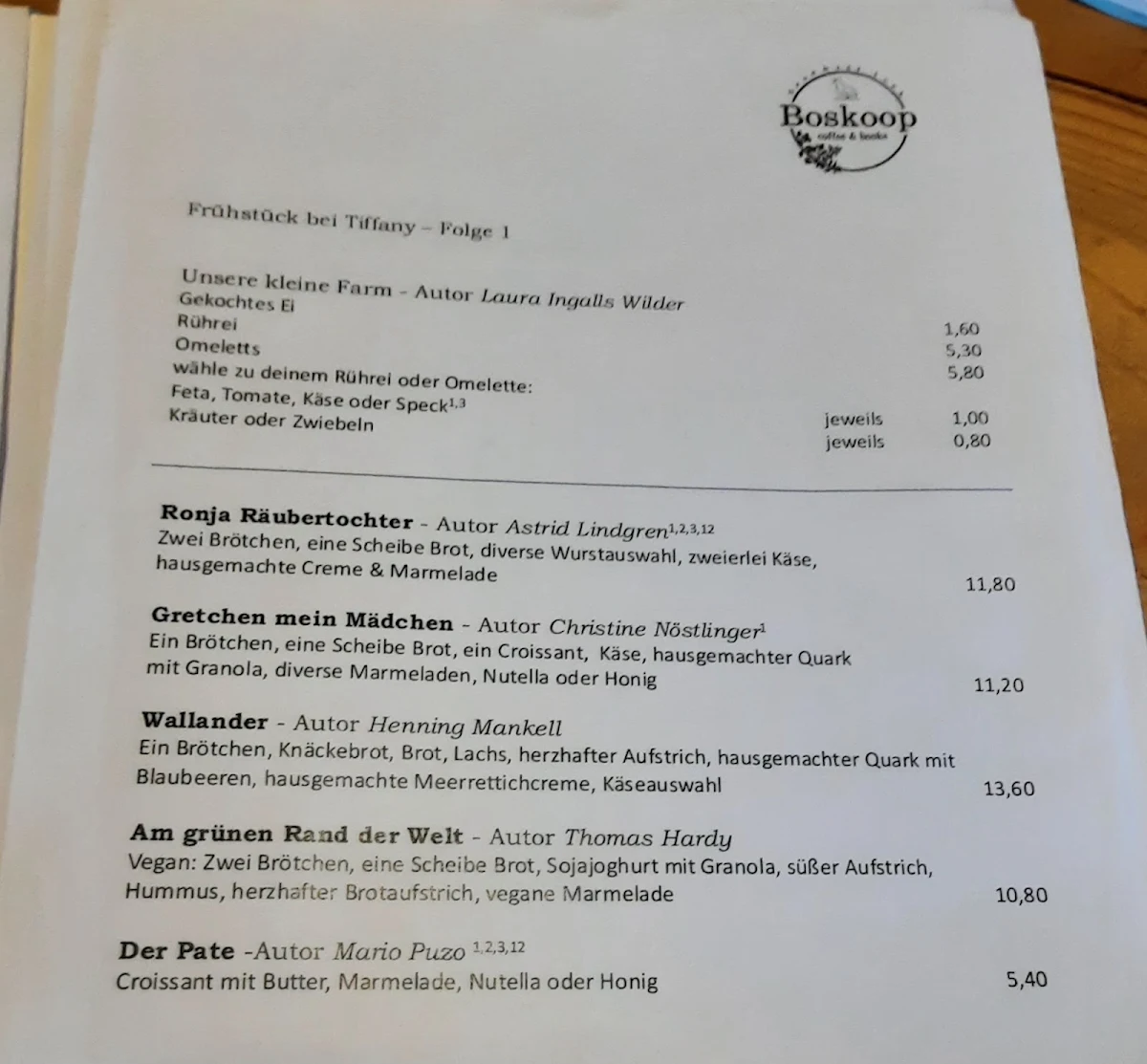 Speisekarte, Café Boskoop