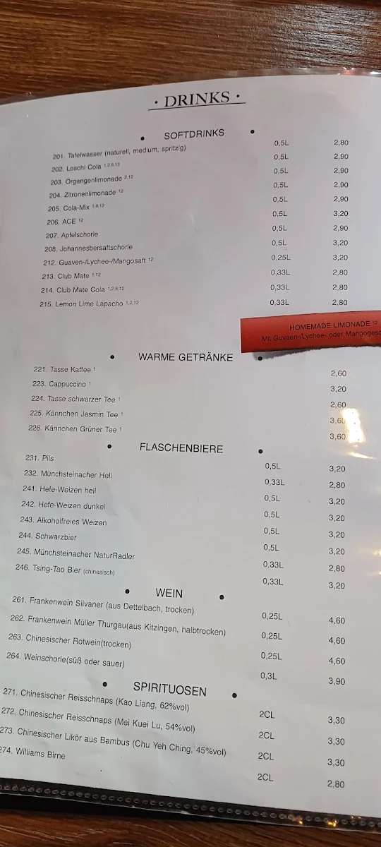 Speisekarte, China-Restaurant Fujian
