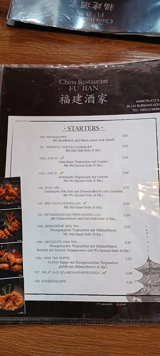 Speisekarte, China-Restaurant Fujian