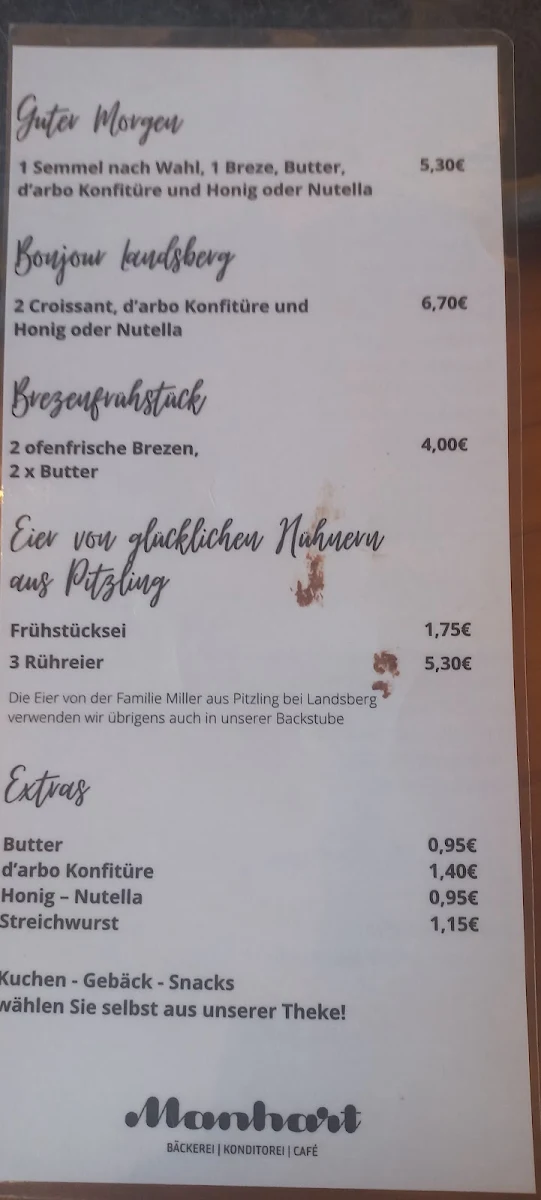 Speisekarte, Bäckerei Konditorei Manhart